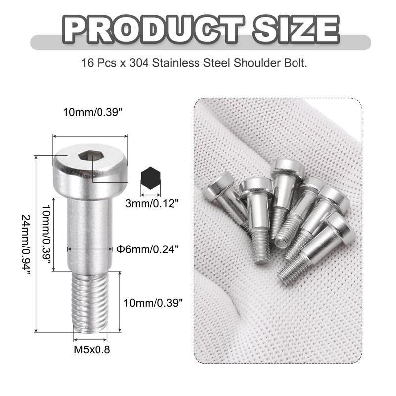 MECCANIXITY 16 Pcs 304 Stainless Steel Shoulder Bolt 6mm Shoulder