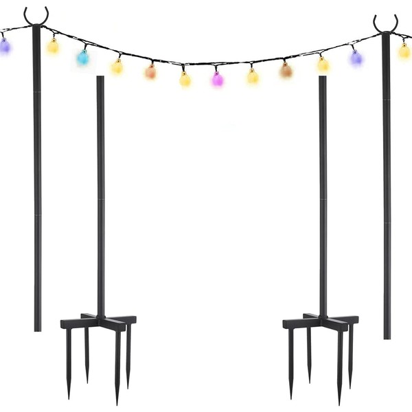 String Light Poles for Outdoor String Lights 2 Pack,100 Inch Height Adjustable Metal Stand Pole with Hooks for Hanging String Lights，Garden, Backyard, Patio Lighting Stand for Parties, Wedding (Black)
