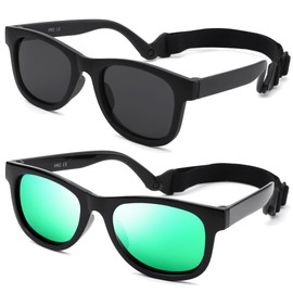 Flexible Polarized Baby Sunglasses with Strap Adjustable for Toddler & Newborn Infant 0-18 Months (Matte Black/Gray + Black/Green Mirrored) - 2 Pack