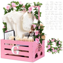 Yerliker Wooden Baby Shower Crate Closet Rainbow Baby Storage Crate Hamper with Handle Garland 26 Letter Basket Baby Shower Wooden Gift Crate for Girls Boys Pregnancy Gifts for Parents (Pink)