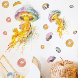 Runtoo Wall Sticker Jellyfish Colourful Wall Sticker Underwater World Fish Wall Sticker Children's Room Baby Room Bathroom Wall Decoration