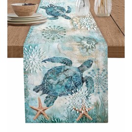 Lsrtoss Coastal Sea Turtle Table Runner 48 Inches Long, Teal Nautical Farmhouse Dress Scarves, Summer Beach Starfish Vintage Dining Tablerunner for Coffee Table/Kitchen Island/Party Décor, 13" x 48"