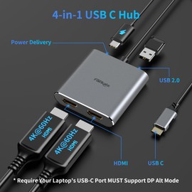USB C to HDMI Adapter Dual 4K@60Hz, 4 in 1 USB C to HDMI Converter with 100W PD Charging USB 3.0, USB C to HDMI Splitter Extended Display Compatible Thunderbolt 3/4