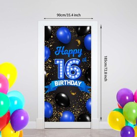 Happy 16th Birthday Blue and Black Banner Backdrop Cheers to 16 Years Old Confetti Balloons Theme Decor for Girls 16 Years Old Birthday Party Decorations Bday Supplies Gift Background Favors Glitter
