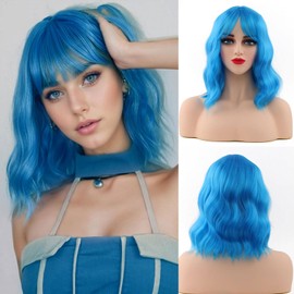 HWHRGL Short Bob Wigs with Bangs for Women 14inch loose wavy Wig Curly Wavy Shoulder Length Bob Synthetic Wigs Colorful Wavy Wigs for Cosplay Daily PartyUse (Light Blue, 14 Inch)