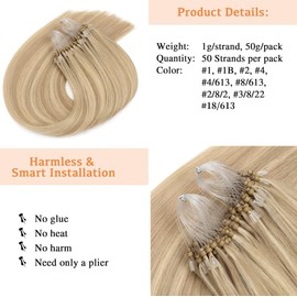 Kun Na Micro Loop Hair Extensions Real Human Hair Bleach Blonde with Ash Blonde Multi-Colours Remy Hair Straight Micro Beads Hair Extensions 50g/pack(14 inch, 18/613)