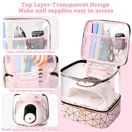 Partreko Organizador de esmalte de uñas transparente, bolsa organizadora de doble capa para 30 botellas (0.5 fl.oz) y secador de uñas, organizadores de uñas y almacenamiento para herramientas de