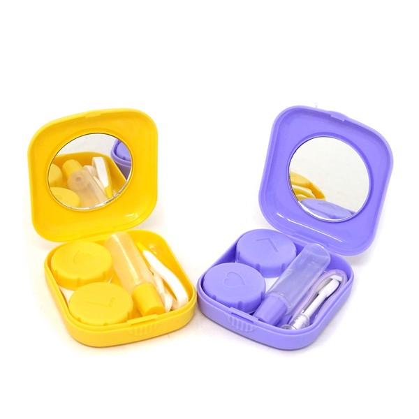 Honbay 2PCS Portable Travel Contact Lens Case Kit Mini Contact Lens Box with Mirror (Purple + Yellow)
