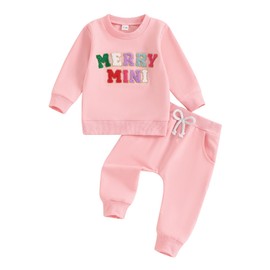 MAHUAOYIXI Toddler Baby Girls Christmas Outfits Letter Embroidery Long Sleeve Sweatshirt with Elastic Waist Pants 2Pcs Set Baby Christmas Clothes for Girls (Pink, 6-12 Months)