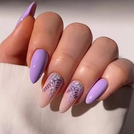 Purple Press on Nails Almond Medium Fake Nails Flower False Nails with Design Lavender Glue on Nails Full Cover Glossy Stiletto Acrylic Nails Reusable Artificial Stick on Nails for Women Girls 24Pcs