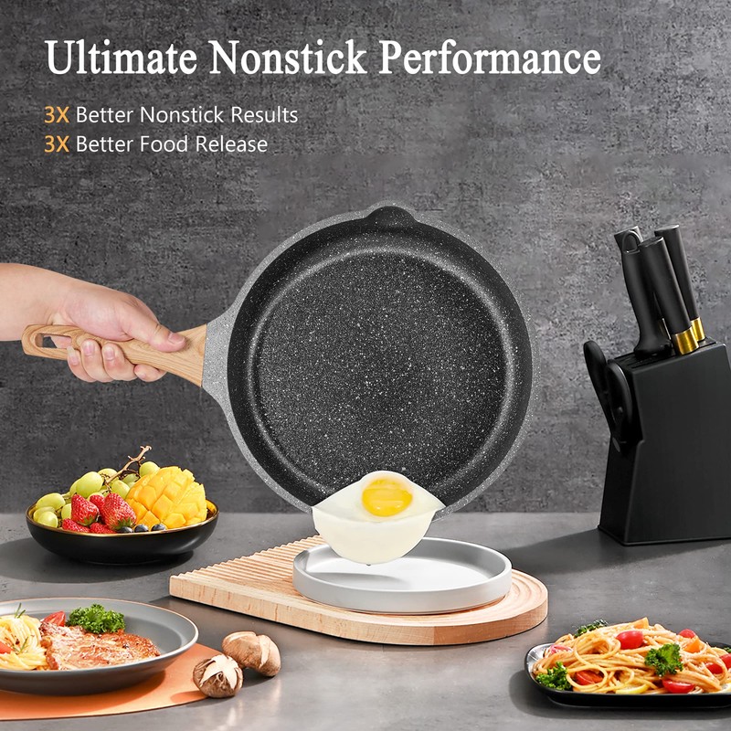 YIIFEEO Non Stick Frying Pan Set with Lids, Granite Skillet