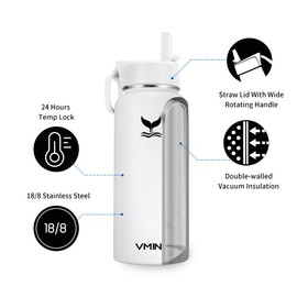 Vmini Water Bottle with New Wide Handle Straw Lid, Wide Mouth Vacuum Insulated 18/8 Stainless Steel, 32 oz, White Bottle & Lid