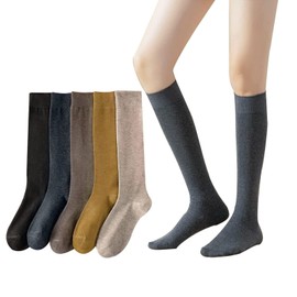 Junerose Women's Socks, Spring, Autumn, Winter, 5 Pairs Set, Thermal, Cold Protection, High Socks, Fleece Lined, Long Socks, Solid Color, School Socks, Work or School, a