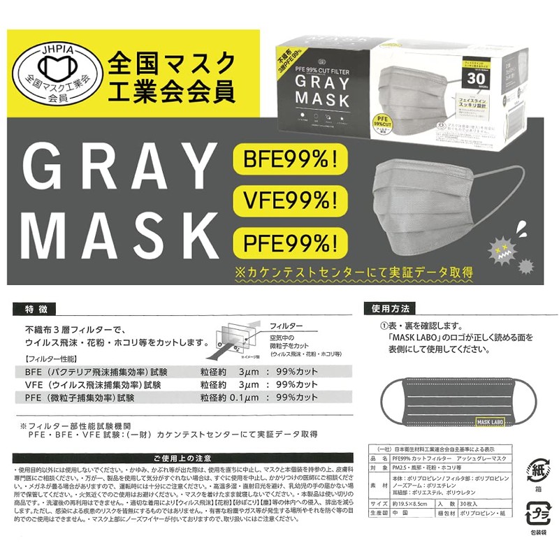 【全国マスク工業会】 サージカルマスク グレー GRAYMASK 30枚入り3箱セット カケン認証 PFE99% 使い捨てマスク 不織布 フェイスラインスッキリ設計