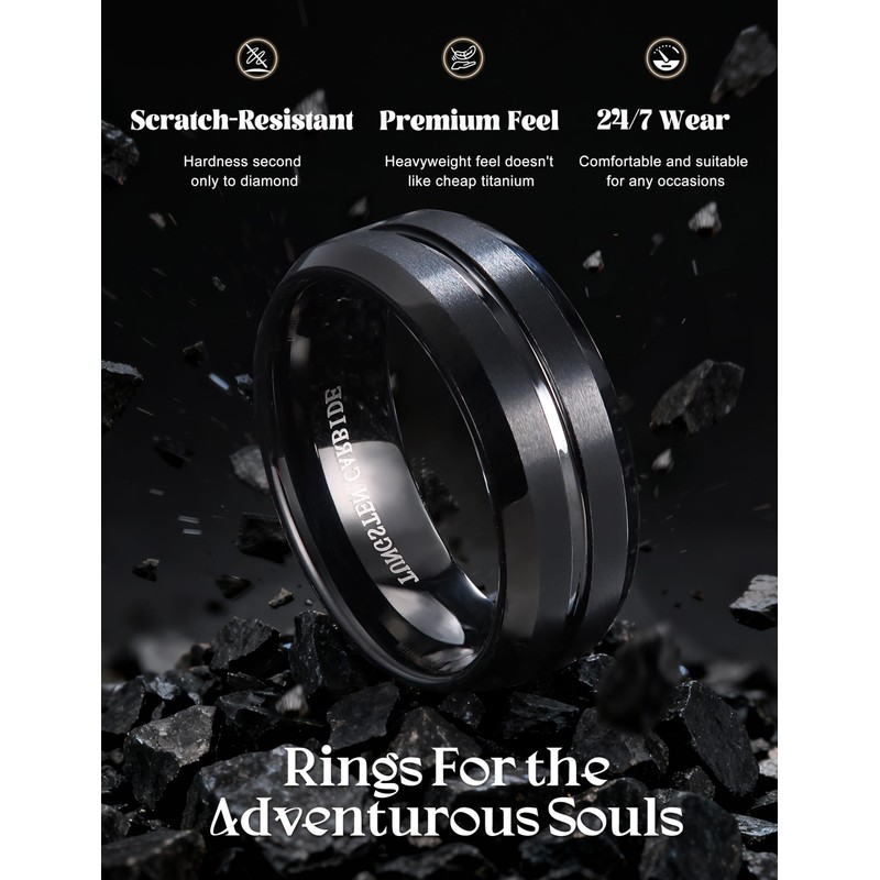 Jstyle Tungsten Ring for Men 8MM Black Wedding Band Fit