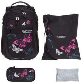 School Backpack Girls 4 T Set Hero Butterfly Backpack School Bag Gym Bag Pencil Case Box Rain Cover 12679 rbbr, Butterfly Black Pink, School backpack