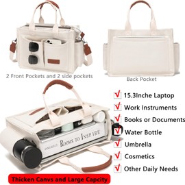 ZHMO Canvas Tote Bag for Women With Compartments and Zipper,White Women's Bags Crossbody Bags Work Laptop Tote Bag Large Satchels Handbag Tote Purse Everyday Shoulder Bag for Travel Nurse Teacher Gift