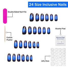 Press on Nails Medium Almond SWEKKE Fake Nails False Nails with Designs Blue & Black Gradient Silver Swirl Full Cover Glossy Glue on Nails Stick on Nails Acrylic Nails for Women Girls 24 Pcs