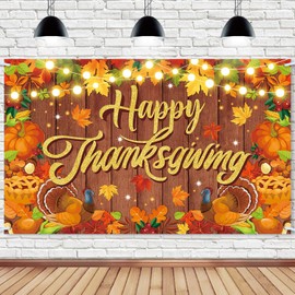 Thanksgiving Backdrop, Large Happy Thanksgiving Banner 5.9x3.6Ft Turkeys Pumpkins Maple Leaf Fall Party Decorations Give Thanks Sign for Indoor Home Porch Yard Photography Party Decorations