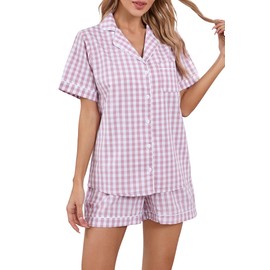 LUBOT 100% Cotton Women's Pajamas Set Button-Down Two-piece PJ Set 2PC Short Sleeve Printed Patterned Summer Sleepwear Loungewear (Pink Plaid, S)