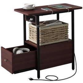 LIDYUK End Table with Charging Station, Narrow Side Table with Drawer and USB Ports & Power Outlets, Nightstand Bedside Tables for Small Spaces, Bedroom, Living Room, Dark Cherry