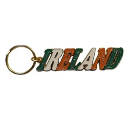 Ireland Word Keychain - Metal and Enamel / Glitter / Colours of Irish Tricolour Flag Green White Orange / for Fans of Dublin, Riverdance, Blarney Stone and Castle, Killarney / Emerald Isle Souvenir