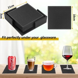 Famibay PU Leather Coasters with Holder Set of 6 Drink Coasters Black Square Cup Mats Coaster Sets Heat Resistant Table Protector Mats