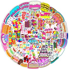 Bighan 50 Pcs Happy Birthday Stickers, Waterproof Vinyl Decals for Kids, Celebratory Birthday Elements on Plastic, Metal, Glass, Wood