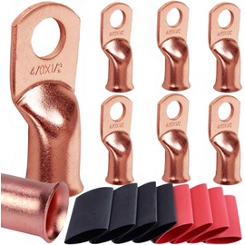 0000 Gauge Pure Copper Lugs 4/0 AWG-1/2" Ring Terminal Cable Battery Lug, Heavy Duty, 8PCS Terminals, Cable Ends Connectors + 8PCS 3:1 Heat Shrinks