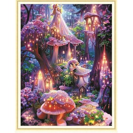 Meecaa Cross Stitch Kits 11 Count Stamped, Wonderland Lamp Mushroom Fairy Embroidery Kit with Accessories Pre Printed (36CMx46CM) (Wonderland)