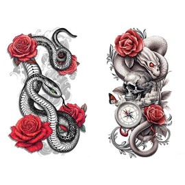 2 Blätter Temporäre Schlange Tattoo Schlange mit Rosen Tattoo Totenkopf Tattoo Arm Tattoo T122 123