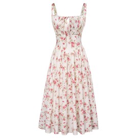 Scarlet Darkness Floral Printed Corset Dress for Women Ruched Bust Flowy Cottagecore Dress Pink L