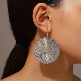 Inilbran Boho Exaggerate Disc Earrings Vintage Textured Coin Dangle Earrings Silver Disc Drop Earrings Big Circle Hook Earrings Jewelry for Women