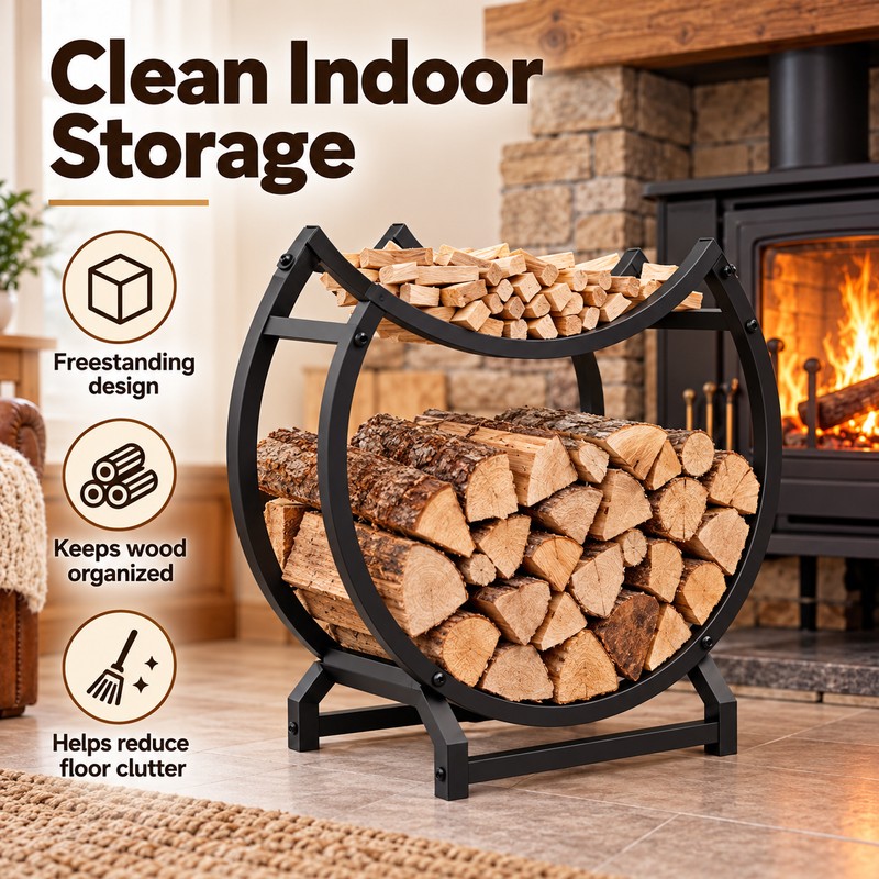 2-Tier Round Metal Firewood Rack – Heavy-Duty Fireplace Log Holder