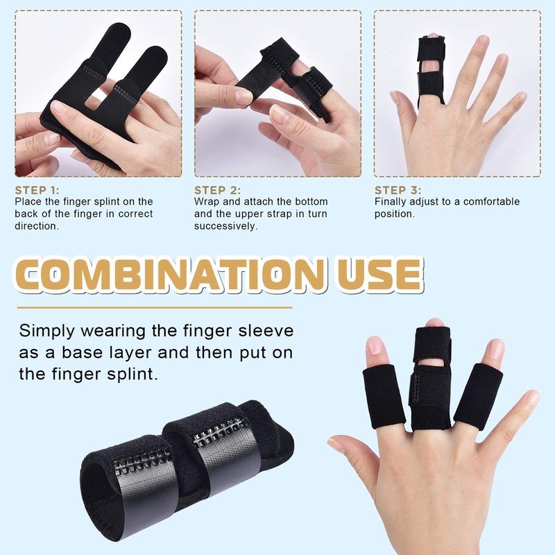 Finger Splints, 2pcs Finger Braces with 6pcs Nylon Sleeves for