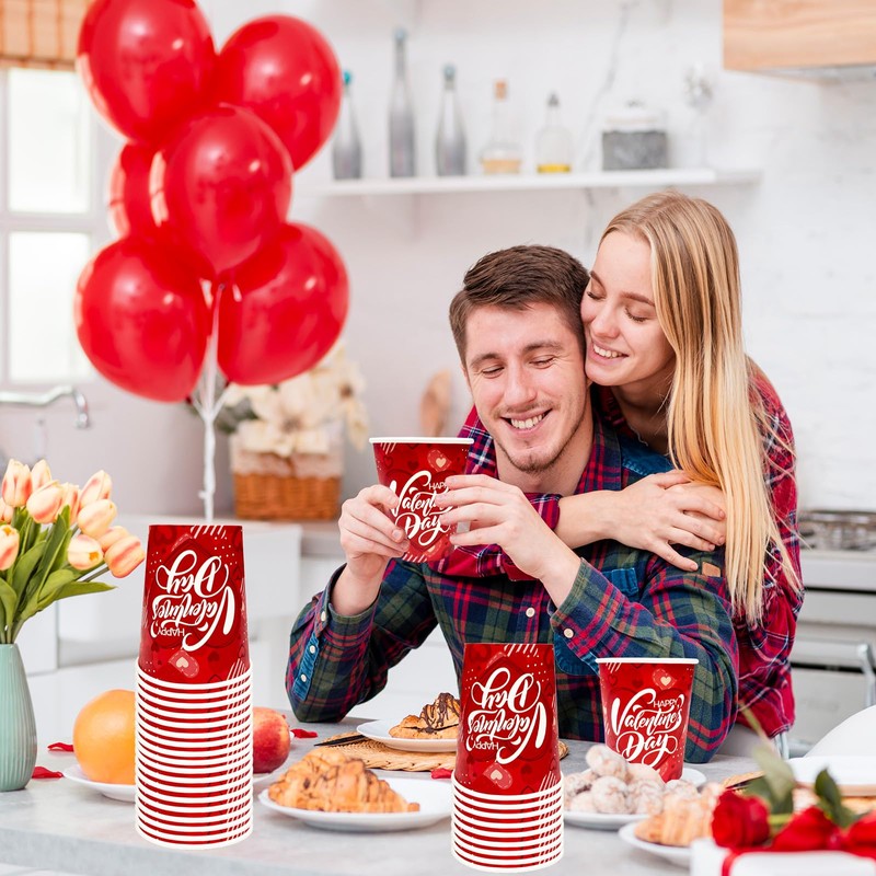 50 PCS Valentines Paper Cups 9oz Red Heart Design Disposable