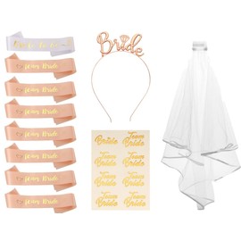 Bride to Be Sash and Veil Set (18 Pieces), 1 x White Bride to be Sash + 7 x Rose Gold Team Bride + Veil + Tiara + 8 x Tattoos, Hen Party Accessories for Hen Do Party, Bridal Shower