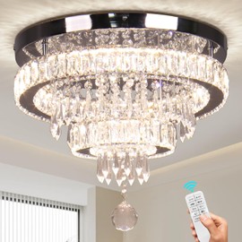 Finktonglan 16" Crystal Ceiling Light, Modern Crystal Chandeliers with Remote Control, LED 2 Rings Flush Mount Ceiling Light Fixture for Bedroom Dining Room Living Room (Dimmable)