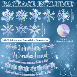 Pinkunn Winter Wonderland Party Decoration Iridescent Christmas Decoration Hanging Snowflake Garland Ornaments Iridescent Glitter Paper Spiral Banners for Holiday Birthday Home Party Decor