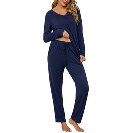 Bresdk Women's Long Cotton Pyjamas Winter Long Sleeve Loungewear Set Sleepwear V Neck, darkblue, XXL