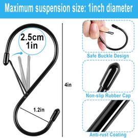S Hooks for Hanging Plants, 4 Inch Lager Heavy Duty S Hooks with Safety Buckle & Stopper Non Slip, 10 Pack Black Metal Closet S Hook for Hanging Clothes, Kitchen Utensil, Jeans, Curtains, Towels, Bag