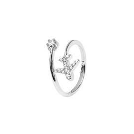 925 Sterling Silver Aeroplane Ring with Sparkling Zircons - High Quality Adjustable Ring Special Gift Idea for Travelling Women and Travellers, Sterling Silver, Zircon