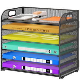 Cawukege Organizador de papel de 6 niveles, bandeja negra con asa, organizador de escritorio de malla, organizador de archivos de metal, accesorios de