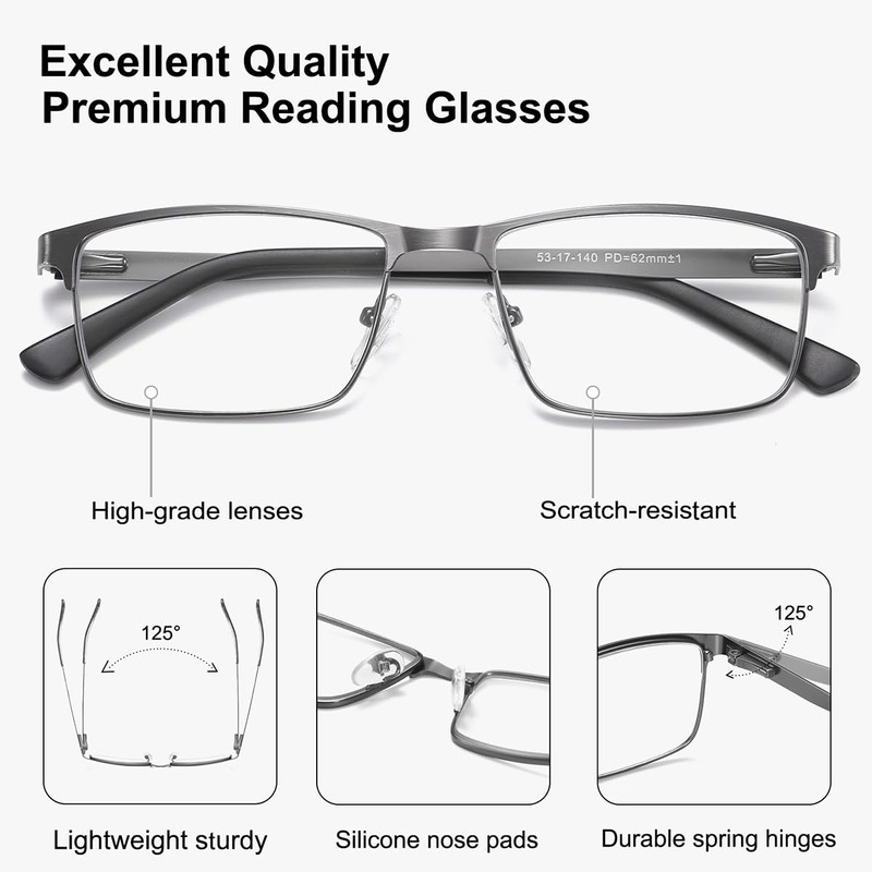 5-Pack Reading Glasses Men Metal Frame Spring Hinges with Computer