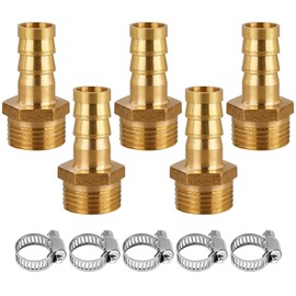 Brass Hose Connector, 5 Pieces 10 mm Barb x 1/2 Inch Male Thread Pipe Adapter, with 5 Pieces Hose Clamp for Air Hose, Gas Hose, Water Hose, Fuel Line