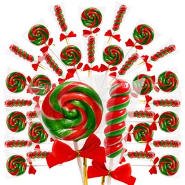 Christmas-Themed Red and Green Lollipops with a Festive Red Bow 32 Pack,16 + 16 Twisty & Swirl Candy Lollipops Suckers Individually Wrapped Bulk, Lollipop Candy Gifts for Christmas Stocking Stuffer