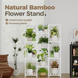 Bamworld Bamworld White Plant Stand Indoor Plant Shelf Outdoor Wood Plant Rack for Multiple Plants 3 Tiers Ladder Plant Holder for 7 Plant Pots for Living Room Boho Home Decor for Gardening
