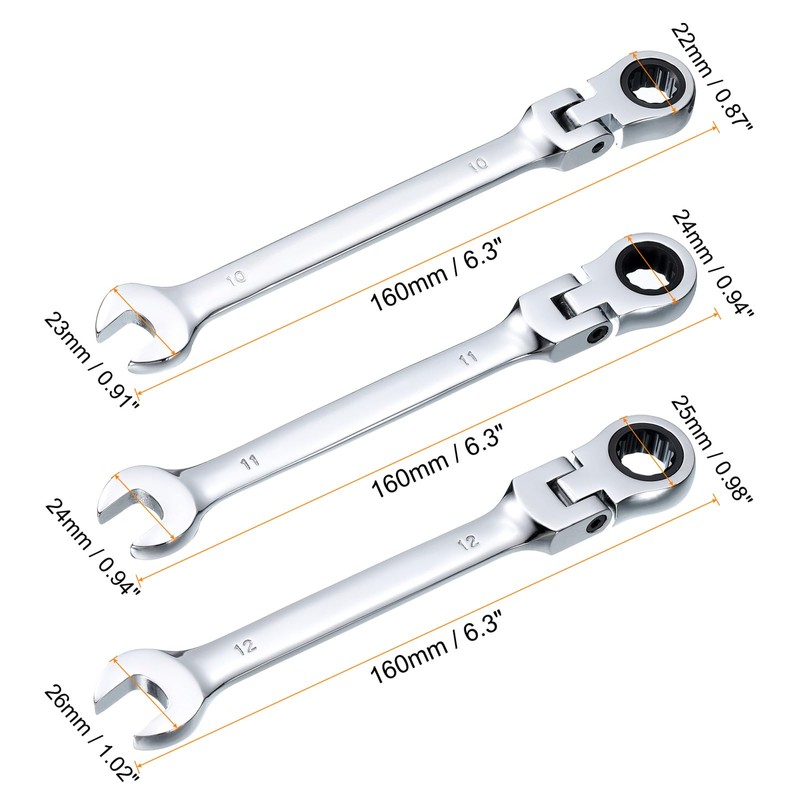 sourcing map 3pcs Flex-Head Ratcheting Wrench 10/11/12mm 180° Rotating Head