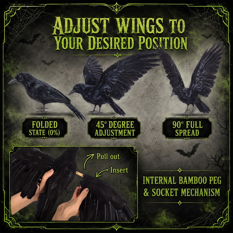 Hoteam 3 Pack Realistic Crow Decoys Halloween Decorations, Black Crows,L