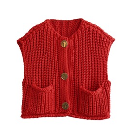 Felcia Womens Sweater Vest Sleeveless V Neck Button Down Knitted Waistcoats Casual Cropped Sweater Tank Tops with Pockets Y2k Streetwear (A-Red, L)